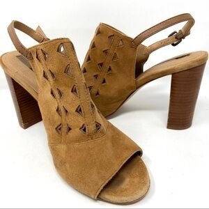 Tahari Marvel Suede British Tan Wood Stack Heel Sandals Maple